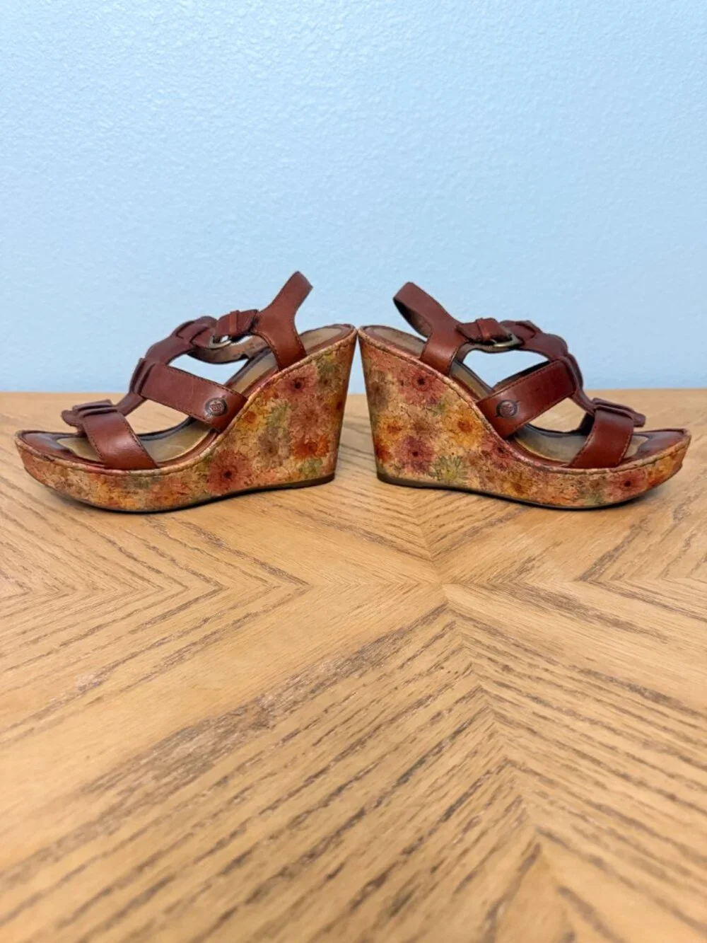 Born Brown Leather Sandals Multicolor Floral Cork 4.25 Inch Wedge Heels